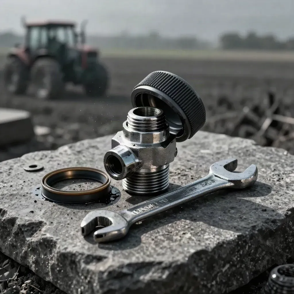 Zestaw hydrauliczny do naprawy maszyny rolniczej na kamiennym tle, w półmroku.
