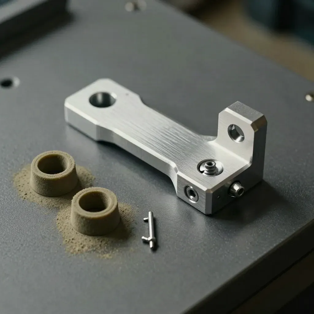 Metalowy wspornik prototypu, dwa wydruki 3D i kołki ustalające na grafitowej płycie.